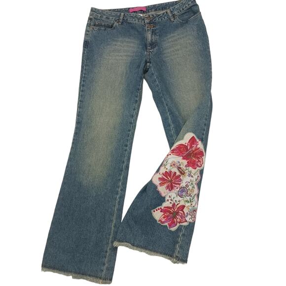 Thalia Sodi Jeans Womens Plus Sz 13 Blue Embroidered Sequins Flare Fringed Boho - Picture 2 of 16